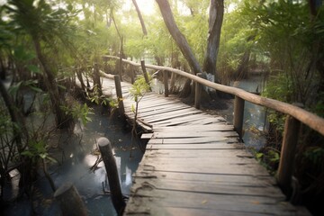 boardwalk snaking through a dense mangrove