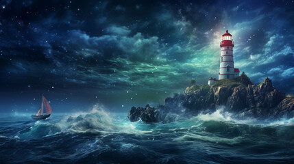 lighthouse in the sea high definition photographic creative image - obrazy, fototapety, plakaty