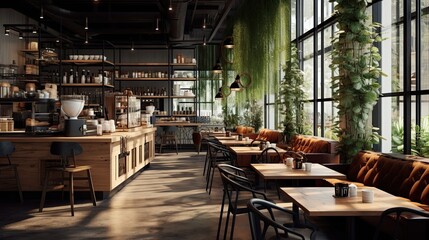 Hip coffee destination with modern decor and diverse artisanal coffee blends. Trendy vibe, stylish atmosphere, handcrafted brews, specialty roasts, chic setting. Generated by AI. - obrazy, fototapety, plakaty