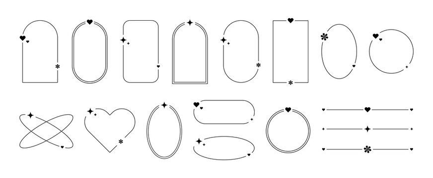 Aesthetic frames with y2k elements and aura. Borders with decorations with hearts, flowers and sparkles. Collection of vector isolated illustrations on a white background.