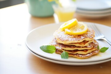 lemon ricotta pancakes with a dusting of icing sugar and lemon zest - obrazy, fototapety, plakaty