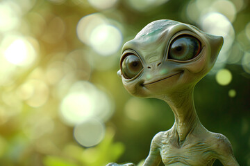 Curious Alien Creature with Big Eyes in a Natural Setting - Suitable for Sci-Fi Illustrations and Character Concepts