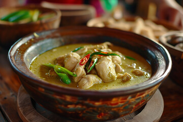 Traditional Thai Green Curry Chicken Served in a Rustic Bowl - A Perfect Image for Cultural Cuisine Guides