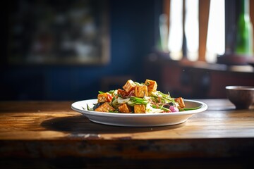paneer dish on rustic wooden table with backlight - obrazy, fototapety, plakaty