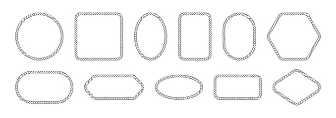 Vector rope frames. Borders of different geometric shapes are round, oval and square. Collection of isolated elements on a white background. - obrazy, fototapety, plakaty