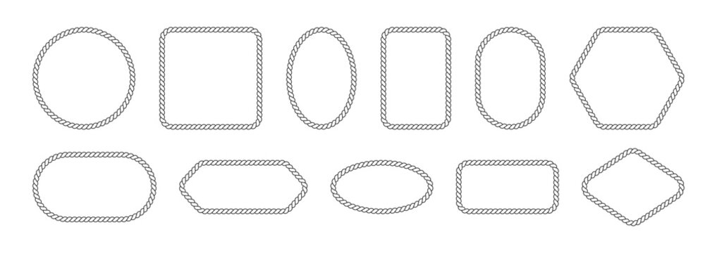 Vector rope frames. Borders of different geometric shapes are round, oval and square. Collection of isolated elements on a white background.