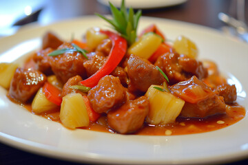 Succulent Sweet and Sour Pork with Pineapple and Bell Peppers - Ideal for Cuisine Websites and Menu Displays