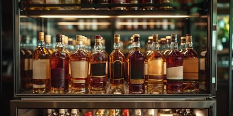Rows of assorted whiskey bottles on the bar shelf showcase a diverse collection of premium spirits. - obrazy, fototapety, plakaty