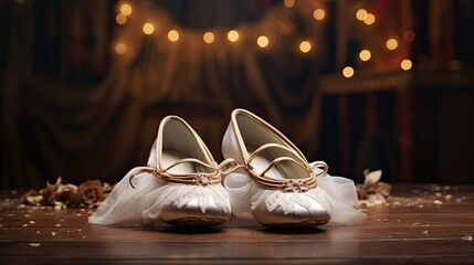 Refined ballet slippers elegantly placed on a stage. Exquisite footwear, dance essentials, artistic elegance. Generated by AI. - obrazy, fototapety, plakaty