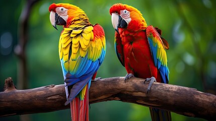 Colorful parrots with vibrant plumage settled on a tree branch. Tropical avian pair, lively perching, nature's palette. Generated by AI.