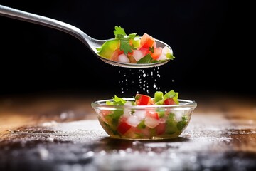 pico de gallo-filled spoon over a bowl, mid-drip - obrazy, fototapety, plakaty