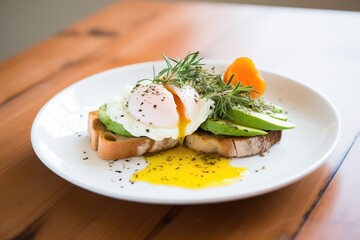 avocado on toast with poached egg, drizzled olive oil, herbs