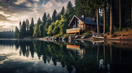 Obraz premium Serene lakeside retreat framed by majestic pine trees. Peaceful waterside cabin, tall pines, secluded forest haven. Generated by AI.
