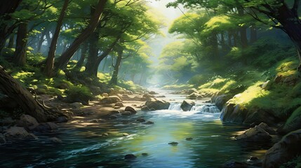 Fototapeta premium Peaceful river snaking through a serene, sun-kissed forest. Tranquil waterway, dappled sunlight, serene woodland. Generated by AI.