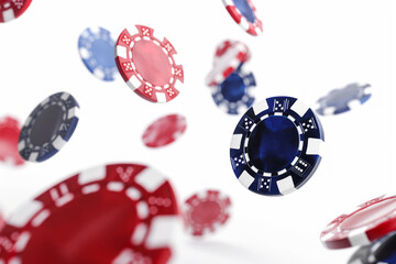 Different casino chips falling on white background