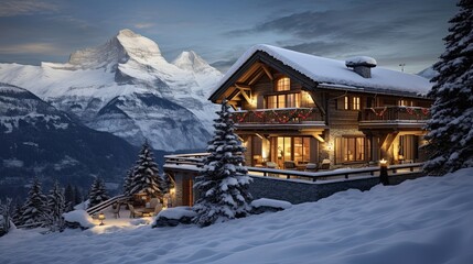 Picturesque Swiss chalet nestled amidst snow-capped mountains. Scenic alpine retreat, snow-covered peaks, idyllic chalet. Generated by AI.
