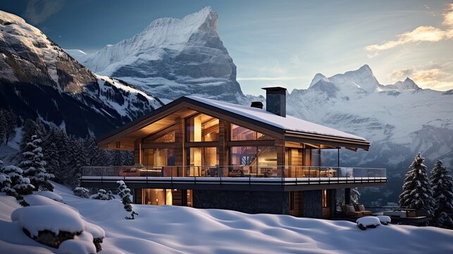 Idyllic Swiss chalet surrounded by majestic snow-covered mountains. Charming alpine refuge, snowy peaks, scenic chalet. Generated by AI.