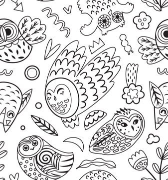 Cute decorative owls seamless pattern for coloring book. Vector illustration.