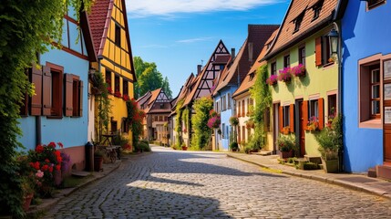 Old-fashioned village graced with cobblestone streets. Quaint streetscape, historic charm, picturesque cobblestone paths. Generated by AI. - obrazy, fototapety, plakaty
