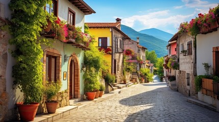 An enchanting village with cobblestone-paved streets. Quaint town, cobblestone pathways, old-world charm. Generated by AI. - obrazy, fototapety, plakaty