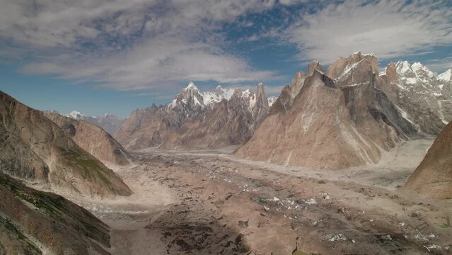 Aerial view of Karakoram mountains view from Khobutse camp at sunset, K2 trekking, Pakistan, Asia
