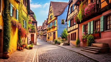 An old-fashioned village graced with cobblestone streets. Quaint streetscape, historic charm, picturesque cobblestone paths. Generated by AI. - obrazy, fototapety, plakaty