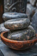 Fototapeta na wymiar A wooden bowl filled with rocks placed on top of a table. This image can be used to depict nature, simplicity, and tranquility
