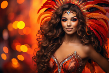 Beautiful woman in carnival costume and feathers