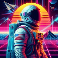 Astronaut surrounded by flashing neon lights. Retro 80s style synthwave background.