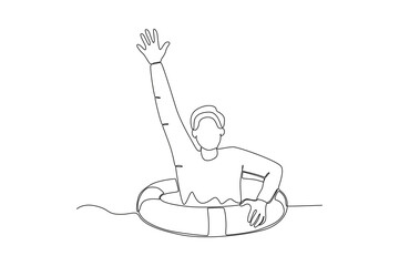 One continuous line drawing of Rescuing a drowning man with a life preserver. Single line draw vector graphic design illustration.

