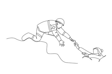One continuous line drawing of Rescue team helps landslide victims. Single line draw vector graphic design illustration.
