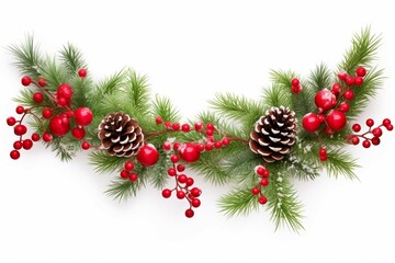 Fototapeta na wymiar Snowberries with green twigs of Christmas tree, red decorations and cones in a holiday garland for square frame isolated on white or transparent background