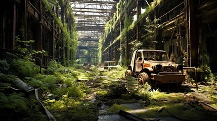 The quiet resurgence of nature adorns an abandoned. Rusty, reclaimed by nature, derelict, overgrown, abandoned structure. Generated by AI. - obrazy, fototapety, plakaty