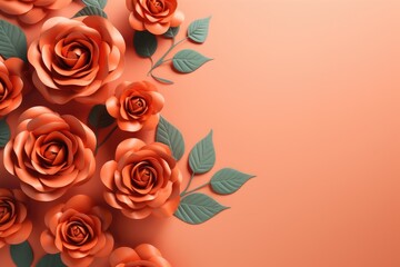 Orange rose flowers with green leaves on orange background, Valentine's day, mother's day, wedding and love concept