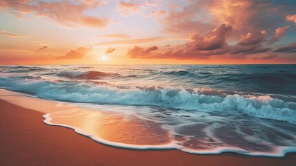 The beauty of dusk graces a sandy beach at sunset. Sunset beach, gentle waves, tranquil coastline, sandy shore. Generated by AI. - obrazy, fototapety, plakaty