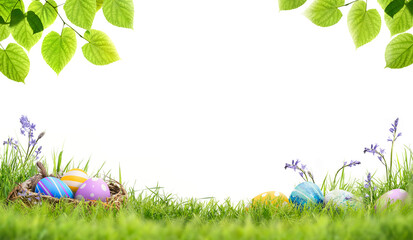 A blank template of painted easter eggs in a birds nest and painted eggs in lush green grass, bluebells and green tree leaves to celebrate a Happy Easter isolated on transparent background.