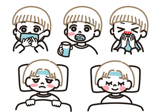 Boy with cute pudding bowl cut hairstyle with cold.