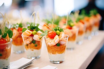 individual shrimp cocktail servings at a catered event - obrazy, fototapety, plakaty