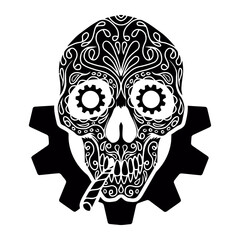 Biker motorcyclist driver skull smoking cigar or cigarette and crossed engine pistons service repair motorcycle