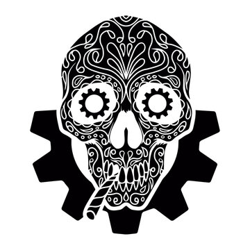 Biker motorcyclist driver skull smoking cigar or cigarette and crossed engine pistons service repair motorcycle