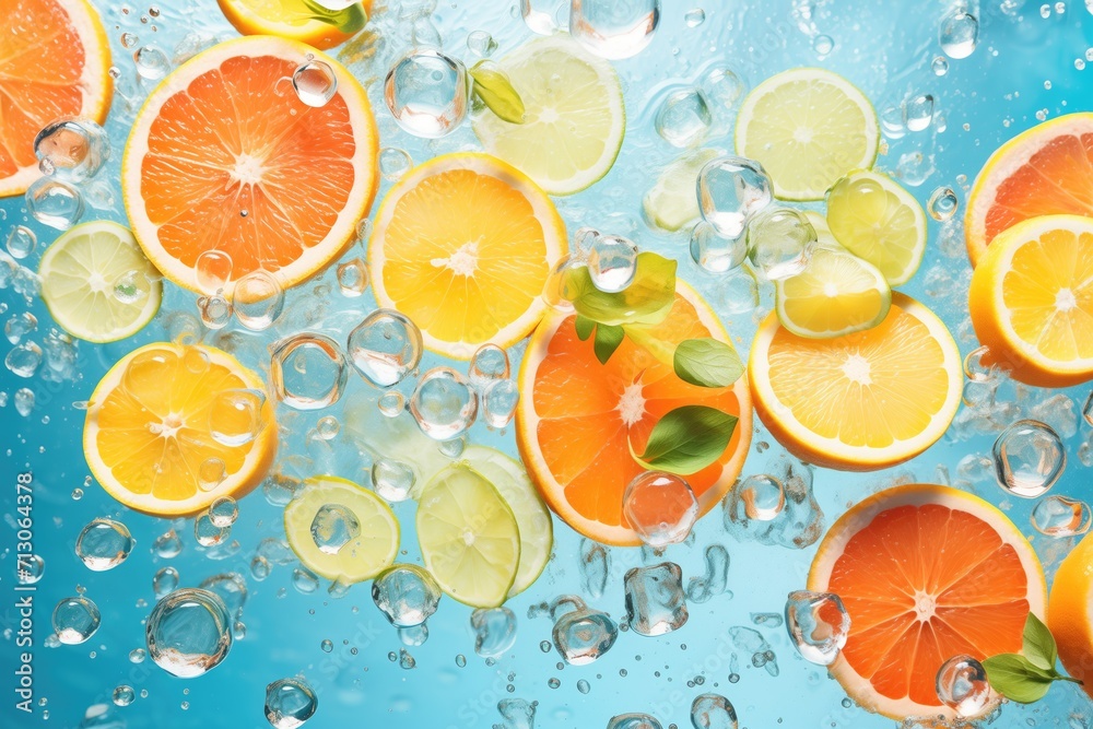 Sticker sliced citrus fruit surrounded by sparkling water