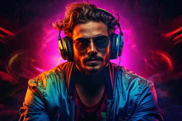 Dj person girl guy on stage turning on best music beat headphones turntable equipment Generative AI