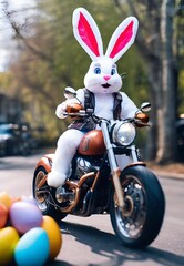 Easter Bunny, stylish ride, bike adventure, festive rabbit, Easter egg decorations, holiday illustrations, whimsical bunny on bicycle, spring celebration, cute bunny on bike, joyful Easter scenes, egg