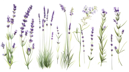 Fotobehang Set of collection lavender objects isolated on a transparent background, blades of grass and flowers in watercolor style © ND STOCK