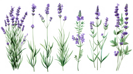 Set of collection lavender objects isolated on a transparent background, blades of grass and flowers in watercolor style