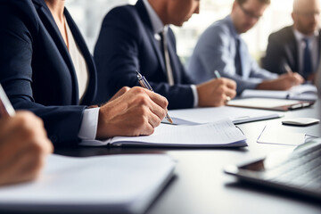 Business people having office meeting successful coworkers company building Generative AI