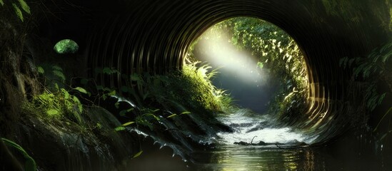 Enchanting Submersion Underwater view of a stream meandering through a tunnel in the heart of a dark forest