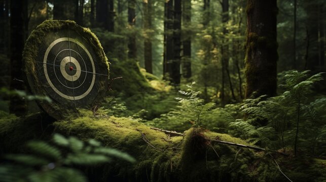 Digital composite of Red target in green forest with moss and nature background. Concept of sport, competition and success. AI generative.