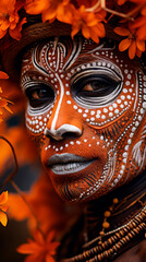 Close-up of an African woman with striking blue and red coloring patterns on her face. Preserving culture, traditional customs and lineage. Festivals and African holidays