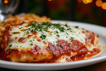 A delicious chicken parmigiana on a plate at a restaurant, tasty food